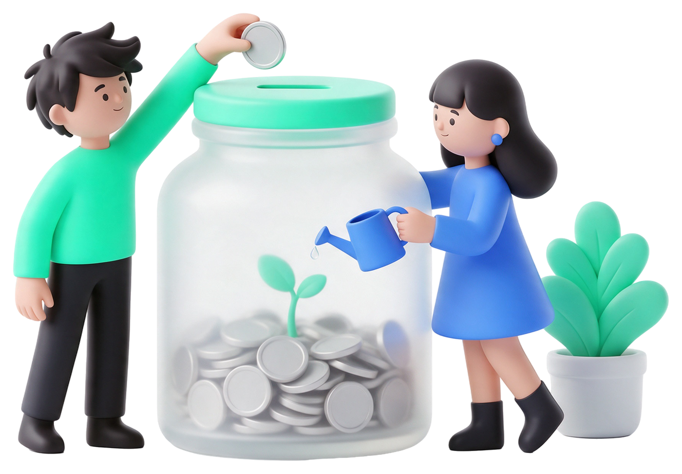 A person dropping a coin into a glass savings jar while another waters a sprout growing inside it