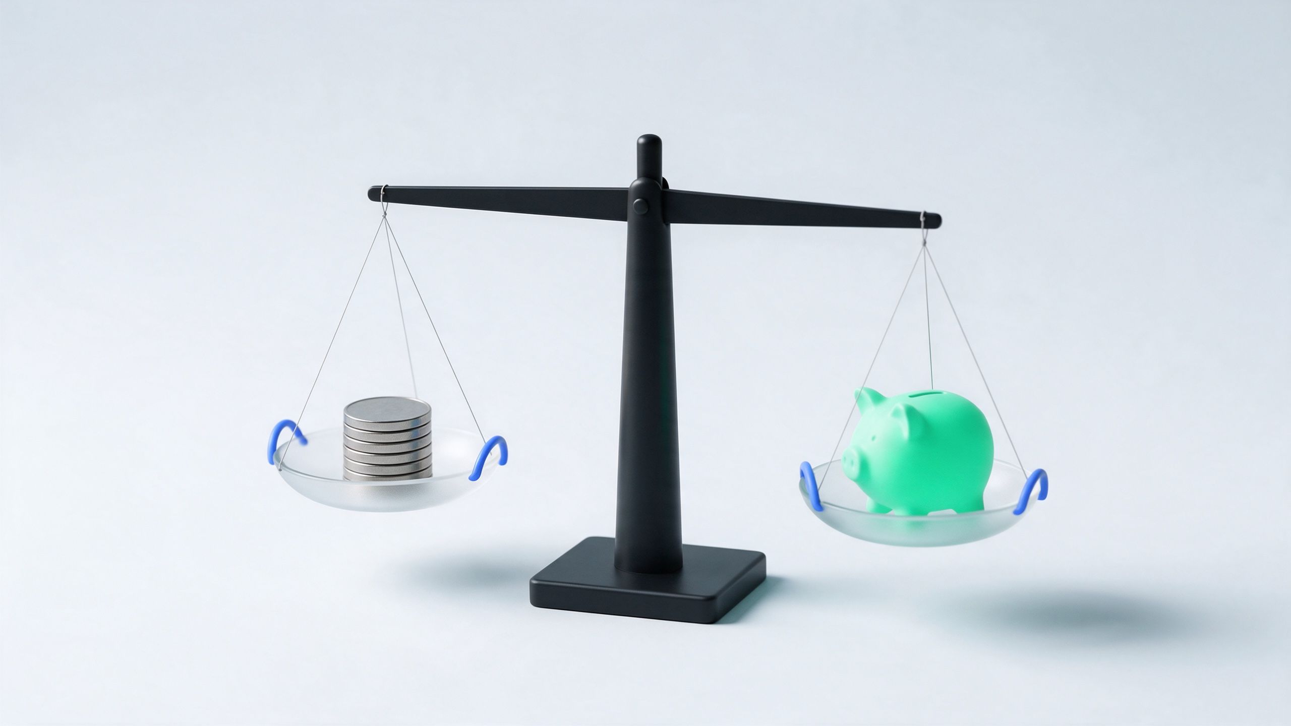 A balance scale with coins on one side and a green piggy bank on the other
