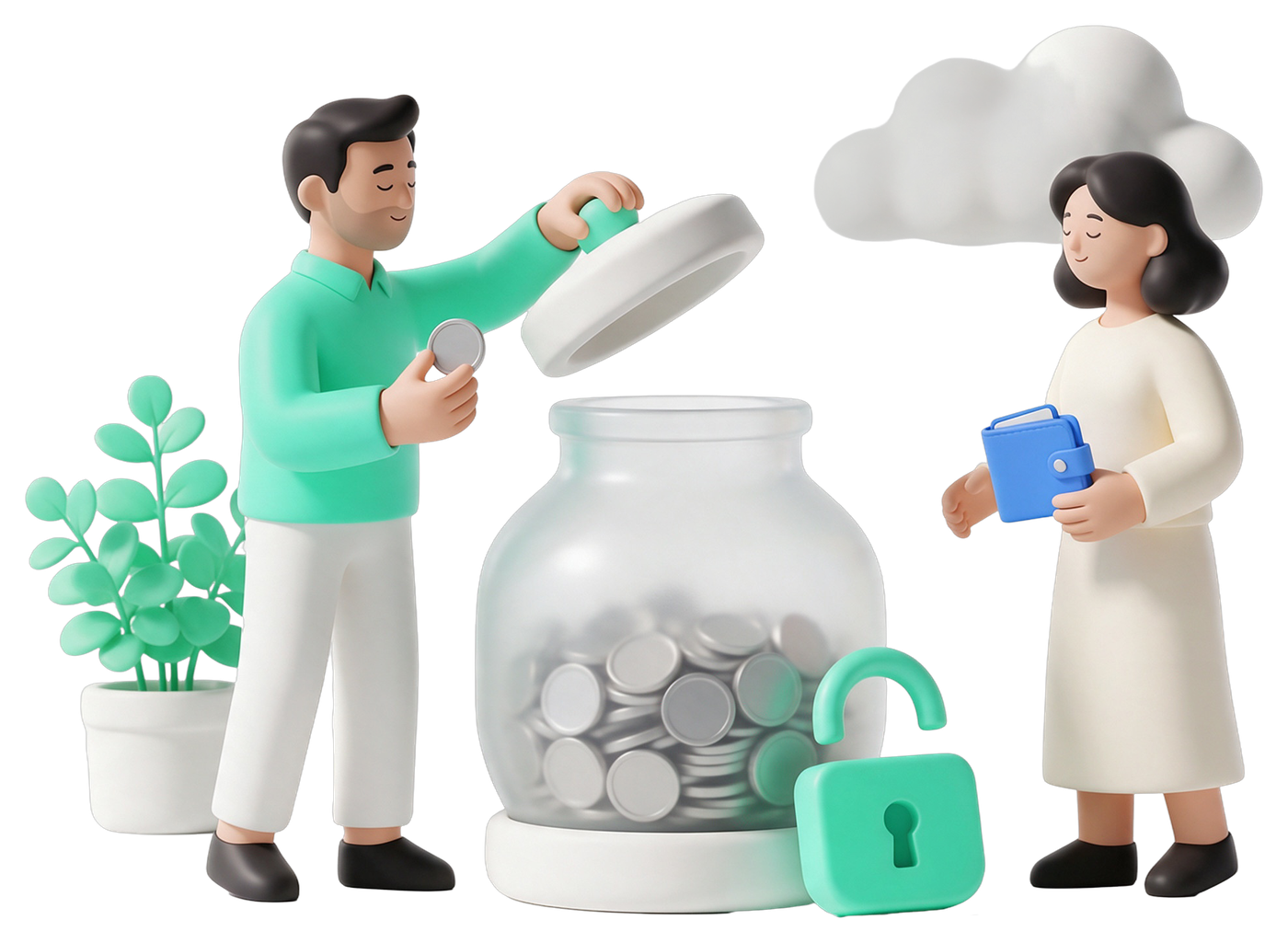 A person lifting the lid of a glass savings jar to take a coin out, beside an open padlock, while another holds a wallet