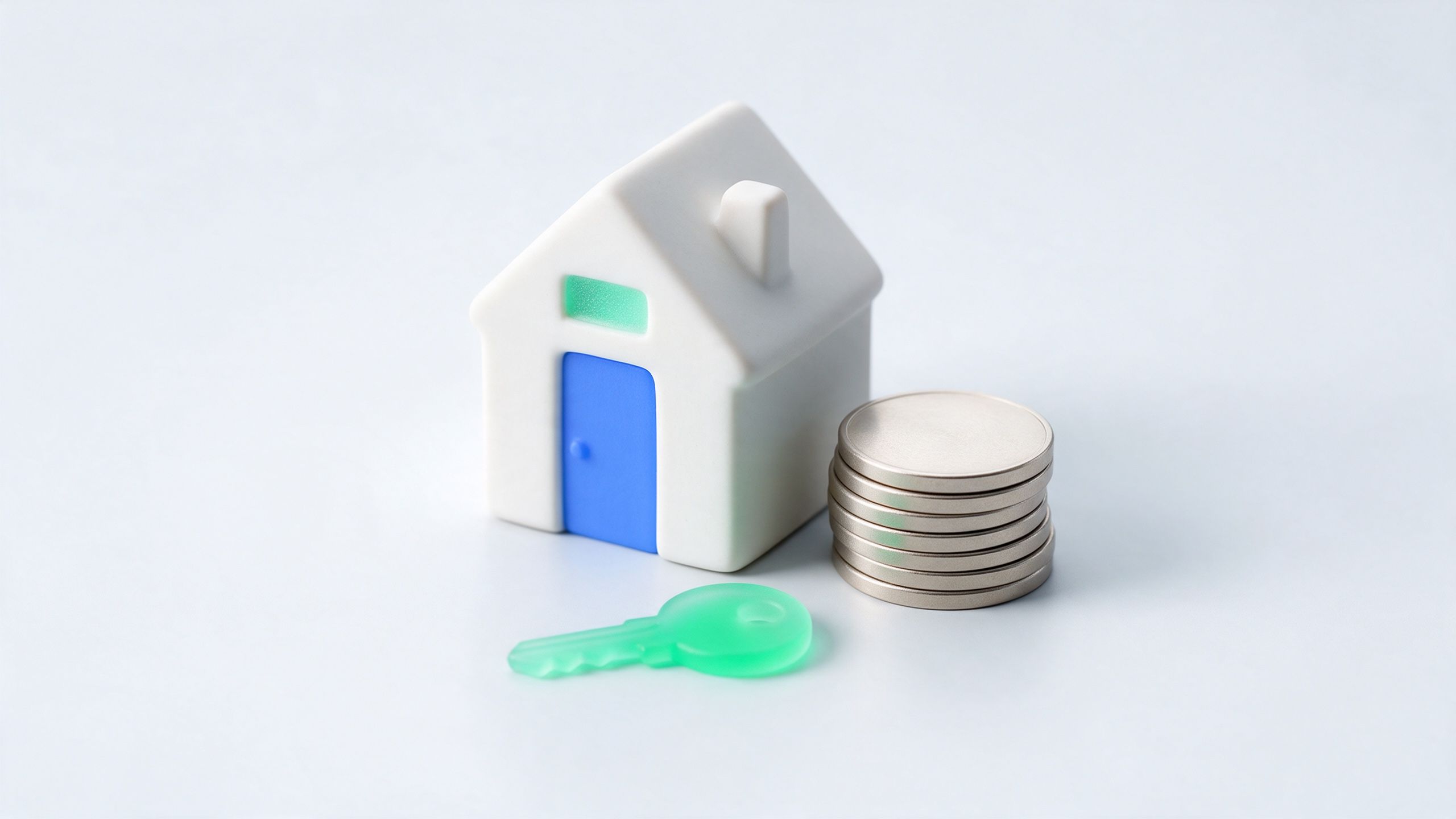 A small model house with a blue door and a green key in front of it