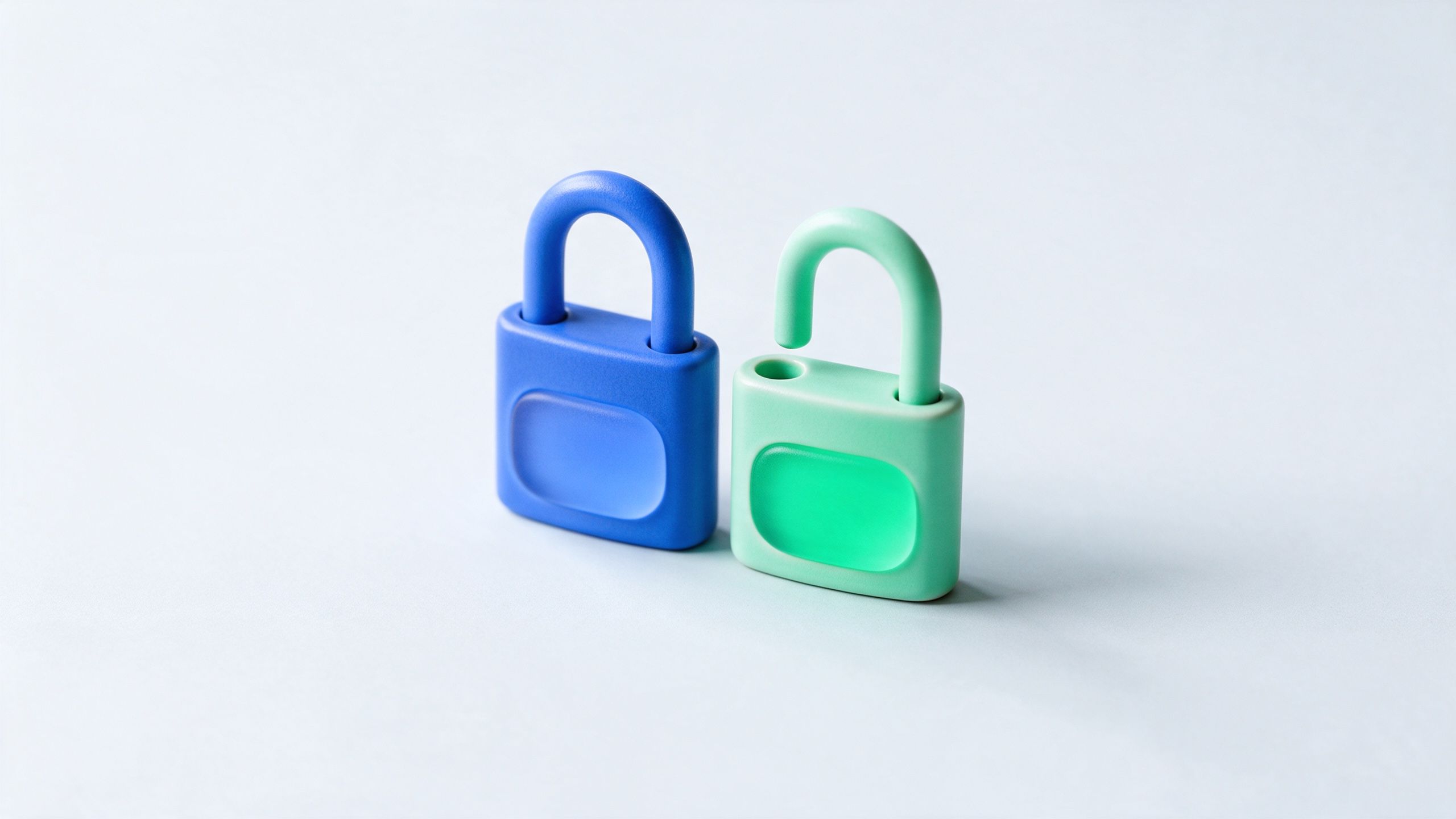 A closed blue padlock next to an open green padlock