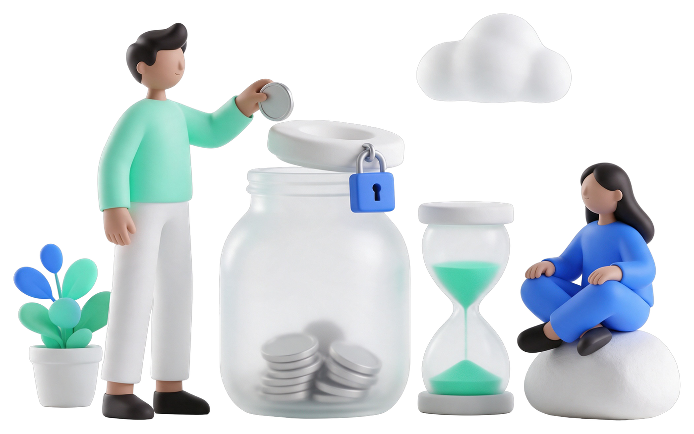 A person dropping a coin into a glass jar locked with a padlock, beside an hourglass, while another sits nearby