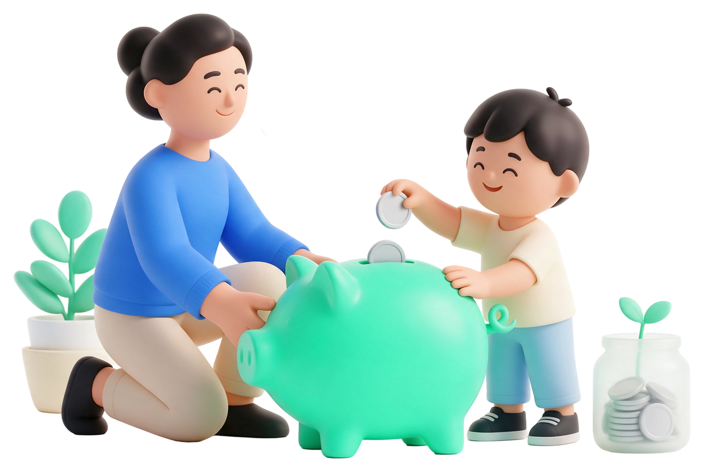 A parent holding a green piggy bank while a child drops a coin into it