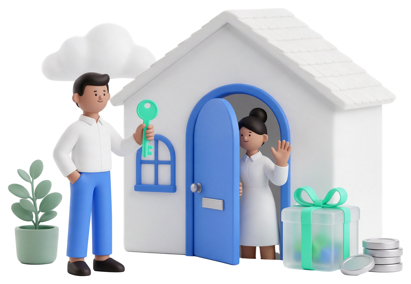 A person holding a key outside a small house with a gift box and coins beside the door