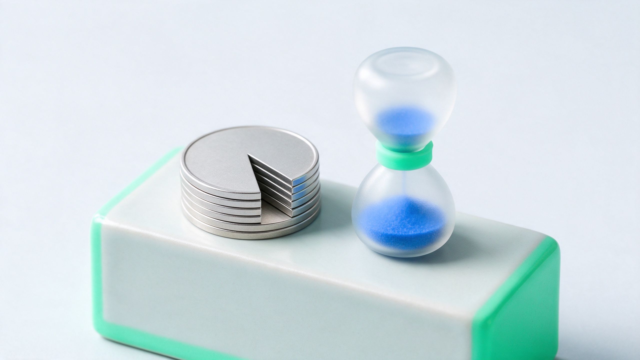 A stack of coins with a slice cut out, next to a small hourglass