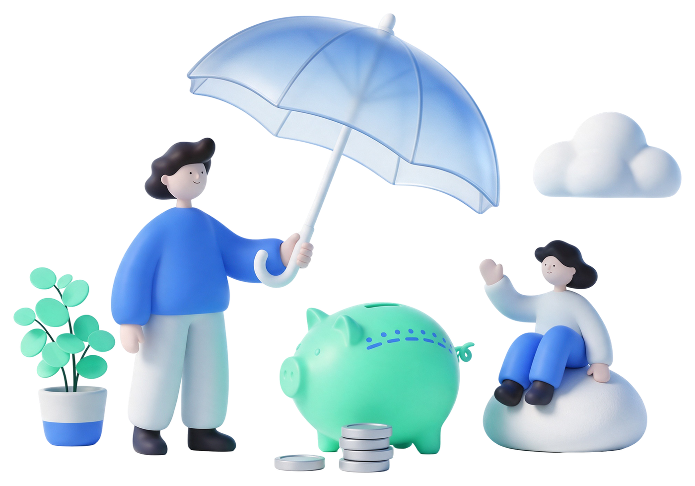A person holding a glass umbrella over a green piggy bank and a stack of coins